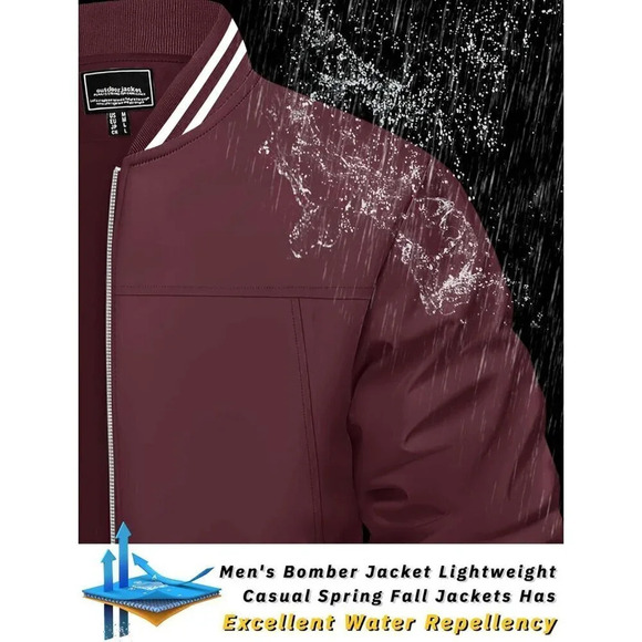 ❤️Men's Bomber Jacket Lightweight Casual Spring Fall Windbreaker Zip Up Coat-Red - Picture 2 of 8